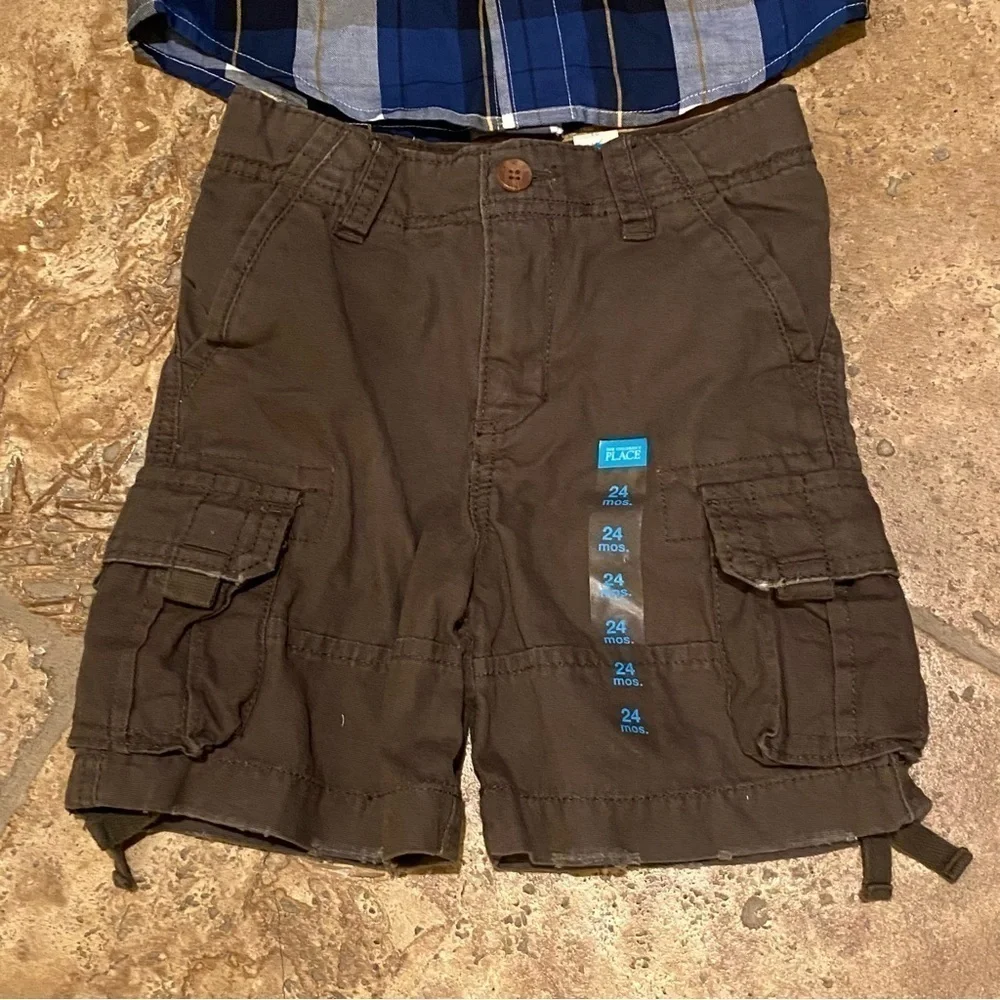 NWT~OLD NAVY CHILDREN’S PLACE Boys Blue Plaid Top & Brown Cargo Shorts -2 Yrs